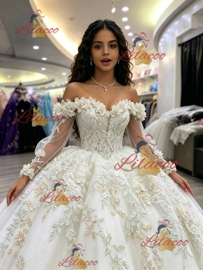 White Tulle Long Sleeve Appliques Quinceanera Dress