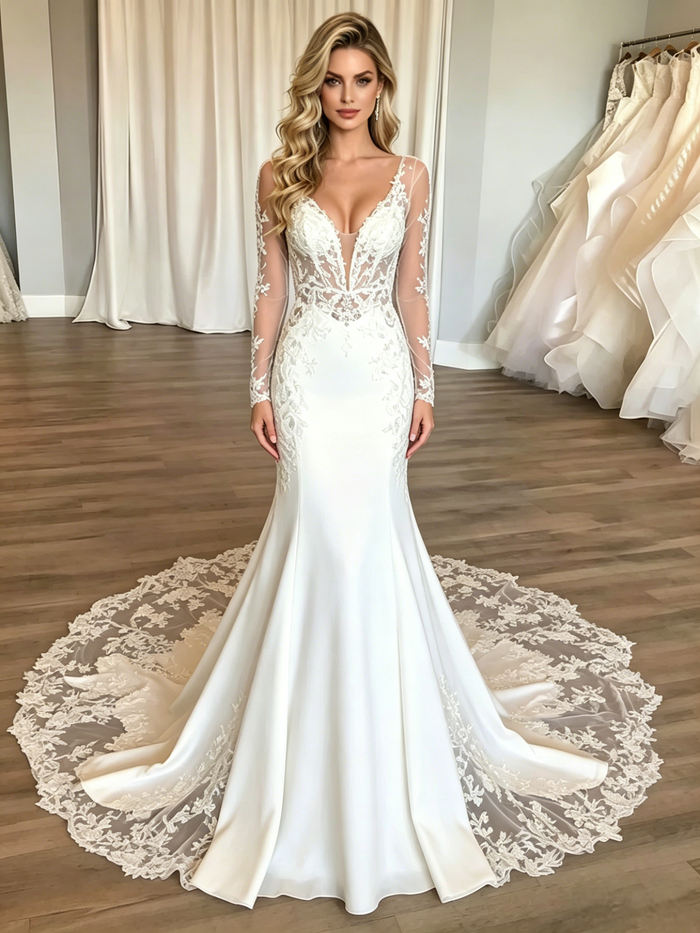 White Mermaid Long Sleeve Lace Wedding Dress