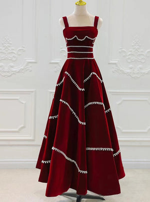 Burgundy Velvet Straps Prom Dress