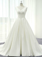 White Satin V-neck Backless Pleats Wedding Dress