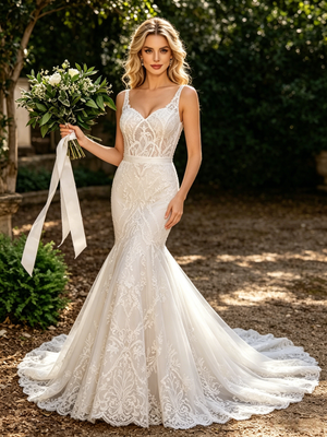 White Mermaid V-neck Lace Wedding Dress
