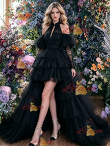 Black Hi Lo Tulle Halter Prom Dress