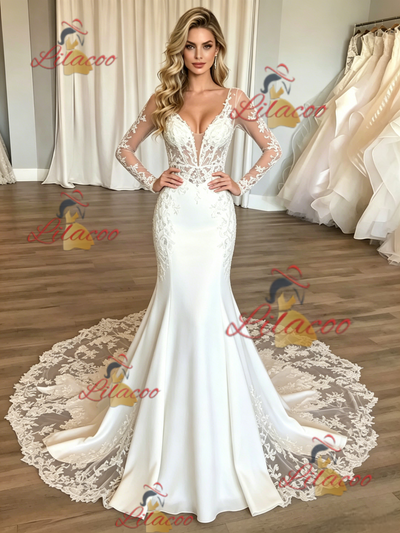 White Mermaid Long Sleeve Lace Wedding Dress