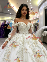 White Tulle Long Sleeve Appliques Quinceanera Dress