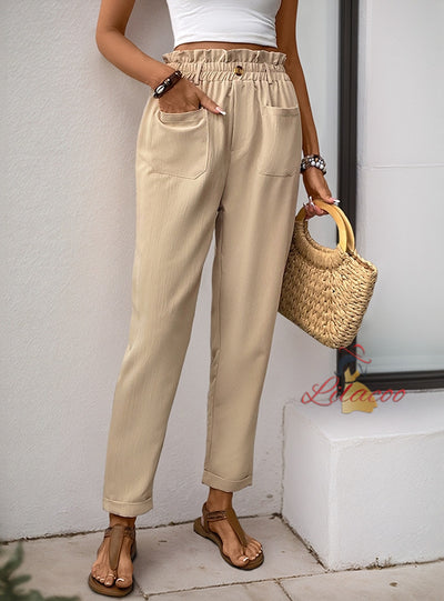 Pocket Elastic Waist Straight Casual Pants