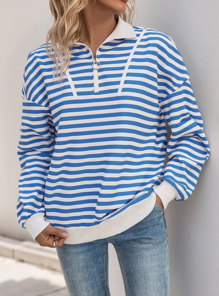 Long Sleeve Striped Loose Polo Neck Top