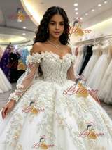 White Tulle Long Sleeve Appliques Quinceanera Dress