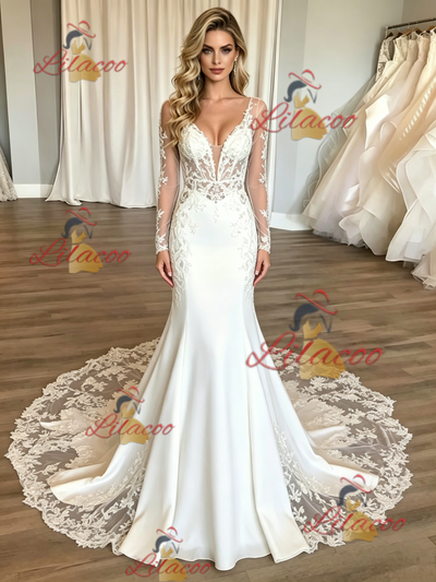 White Mermaid Long Sleeve Lace Wedding Dress