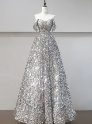 Silver Sequins Off the Shoulder Beading Prom Dress