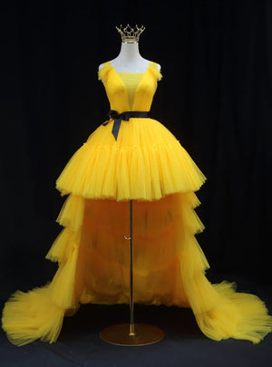 Yellow Tulle Hi Lo Pleats Prom Dress