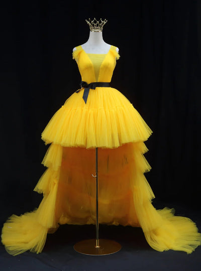 Yellow Tulle Hi Lo Pleats Prom Dress