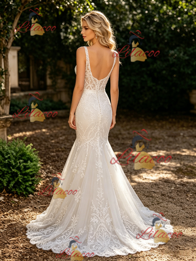 White Mermaid V-neck Lace Wedding Dress