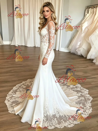 White Mermaid Long Sleeve Lace Wedding Dress