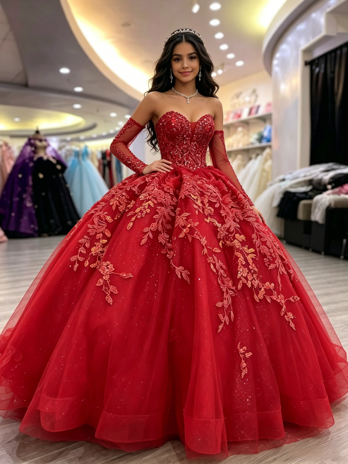 Red Tulle Long Sleeve Appliques Quinceanera Dress