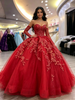 Red Tulle Long Sleeve Appliques Quinceanera Dress