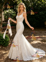 White Mermaid V-neck Lace Wedding Dress