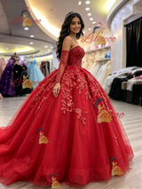 Red Tulle Long Sleeve Appliques Quinceanera Dress