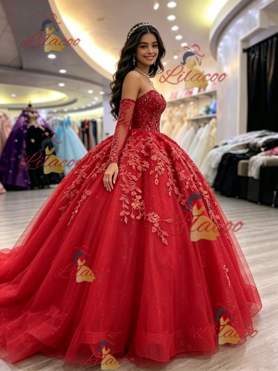 Red Tulle Long Sleeve Appliques Quinceanera Dress
