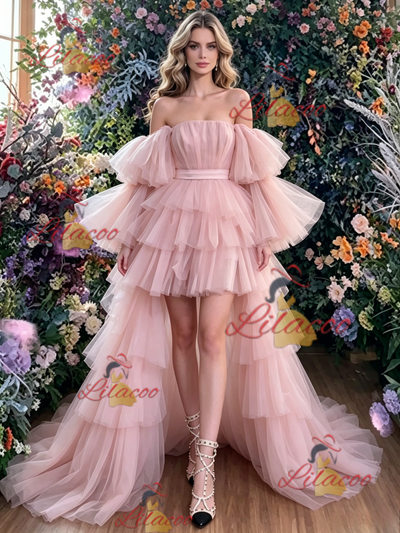 Pink Tulle Hi Lo Tiers Prom Dress