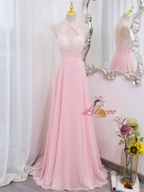 Blue Chiffon Lace Halter Beading Prom Dress