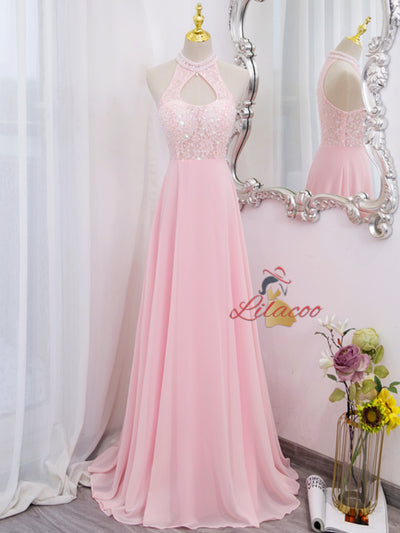 Blue Chiffon Lace Halter Beading Prom Dress
