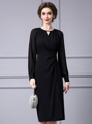 Black Long Sleeve Pleats Mother Of The Bride Dress