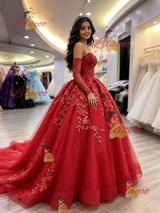 Red Tulle Long Sleeve Appliques Quinceanera Dress