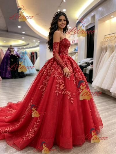 Red Tulle Long Sleeve Appliques Quinceanera Dress