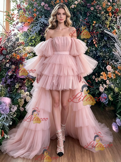 Pink Tulle Hi Lo Tiers Prom Dress