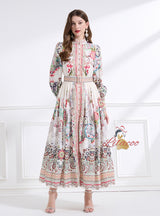 Long Sleeve Retro Print Long Dress
