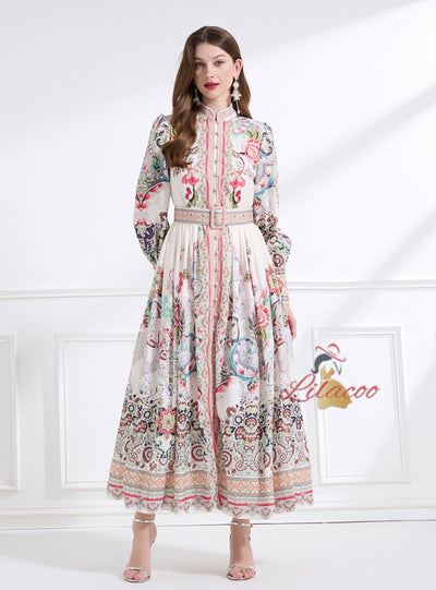 Long Sleeve Retro Print Long Dress
