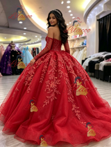 Red Tulle Long Sleeve Appliques Quinceanera Dress
