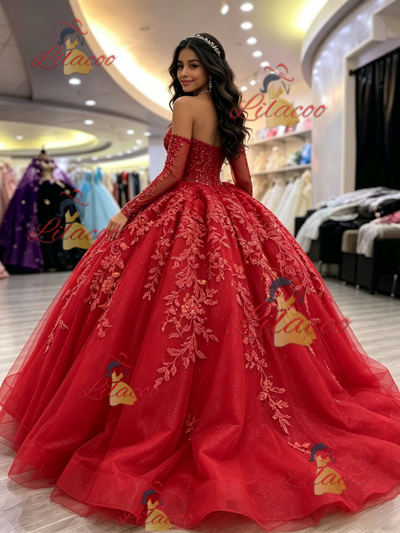 Red Tulle Long Sleeve Appliques Quinceanera Dress