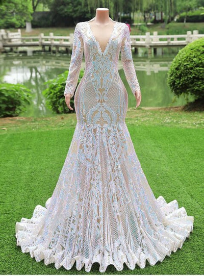 White Mermaid Sequins Long Sleeve Prom Dress