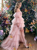 Pink Tulle Hi Lo Tiers Prom Dress