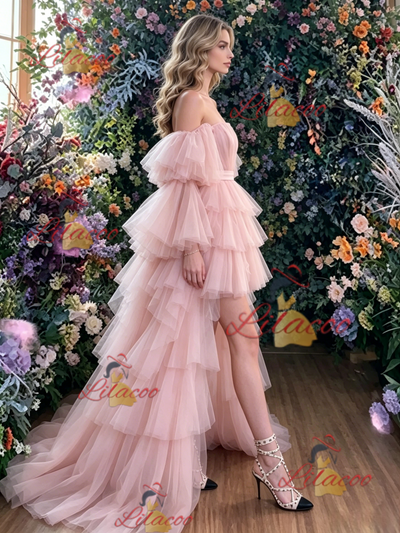 Pink Tulle Hi Lo Tiers Prom Dress