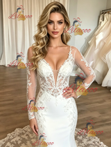 White Mermaid Long Sleeve Lace Wedding Dress