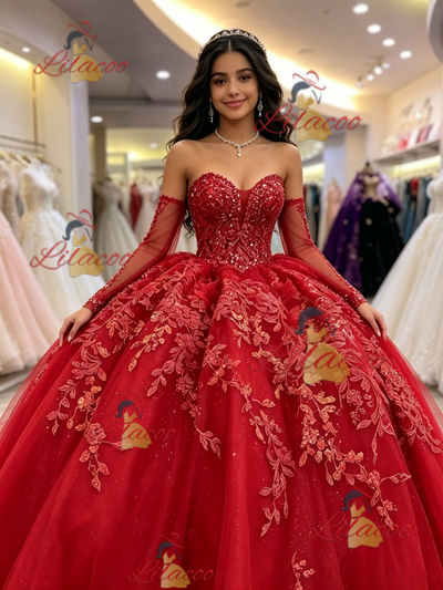 Red Tulle Long Sleeve Appliques Quinceanera Dress