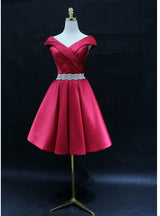 Burgundy Satin Pleats Beading Homecoming Dress