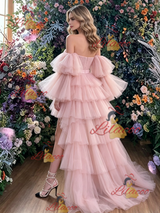 Pink Tulle Hi Lo Tiers Prom Dress