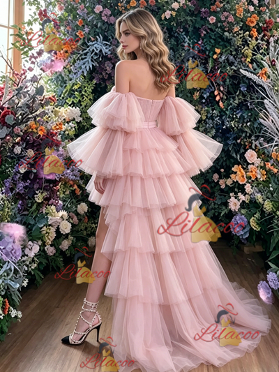 Pink Tulle Hi Lo Tiers Prom Dress