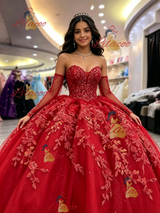 Red Tulle Long Sleeve Appliques Quinceanera Dress