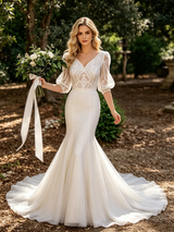 White Mermaid V-neck Lace Puff Sleeve Wedding Dress