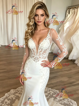 White Mermaid Long Sleeve Lace Wedding Dress