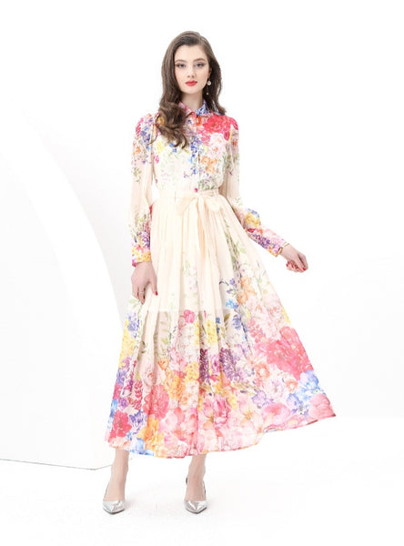 Chiffon Printed Long-sleeved Top Skirt Two-piece