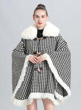 Large Fur Collar Fringed Cloak Shawl