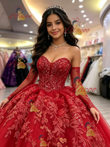 Red Tulle Long Sleeve Appliques Quinceanera Dress