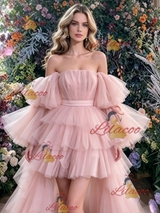 Pink Tulle Hi Lo Tiers Prom Dress