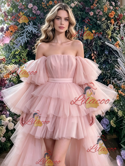 Pink Tulle Hi Lo Tiers Prom Dress
