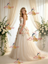 Ivory Tulle One Shoulder Appliques Wedding Dress